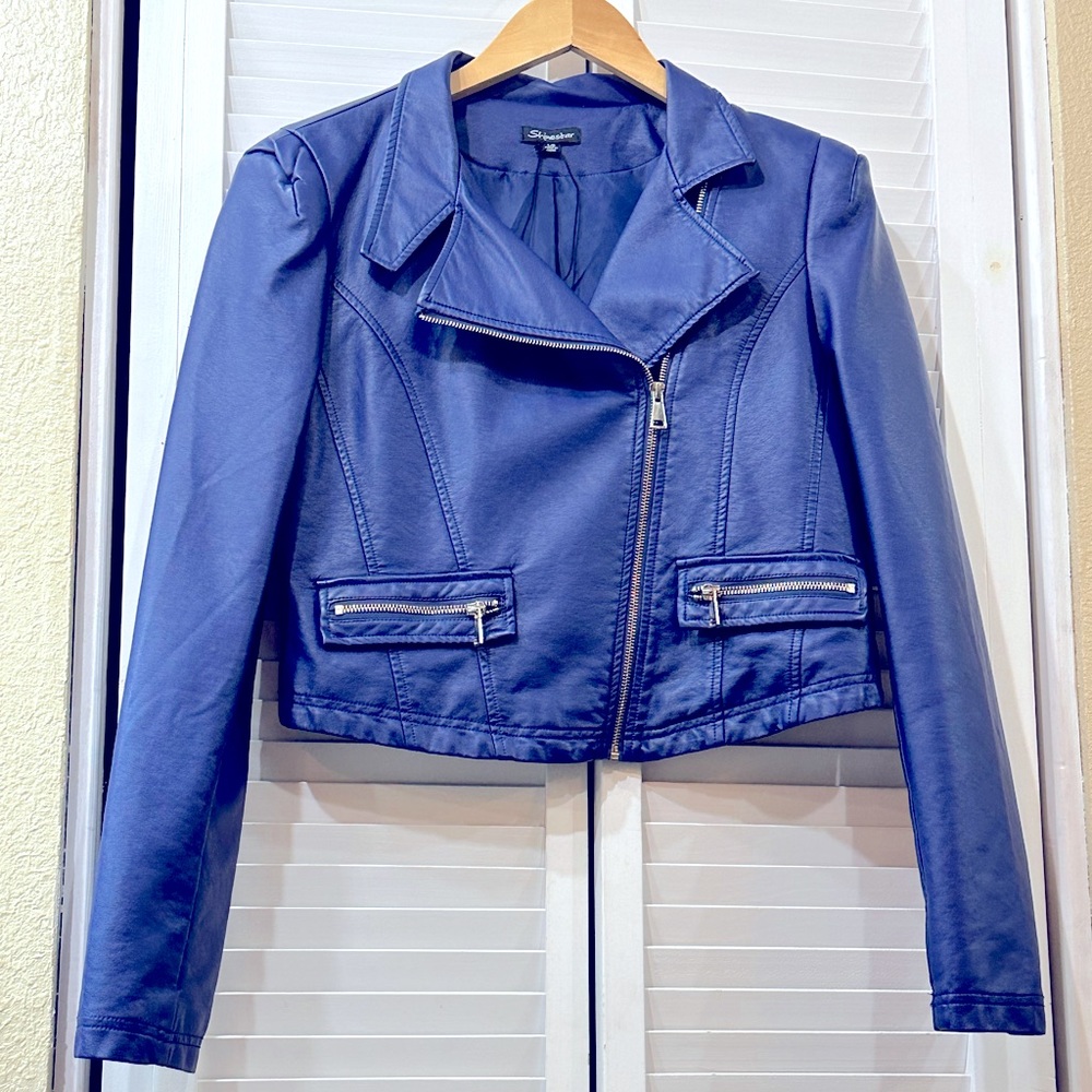 Shinestar foe, leather cobalt, blue crop jacket in large
